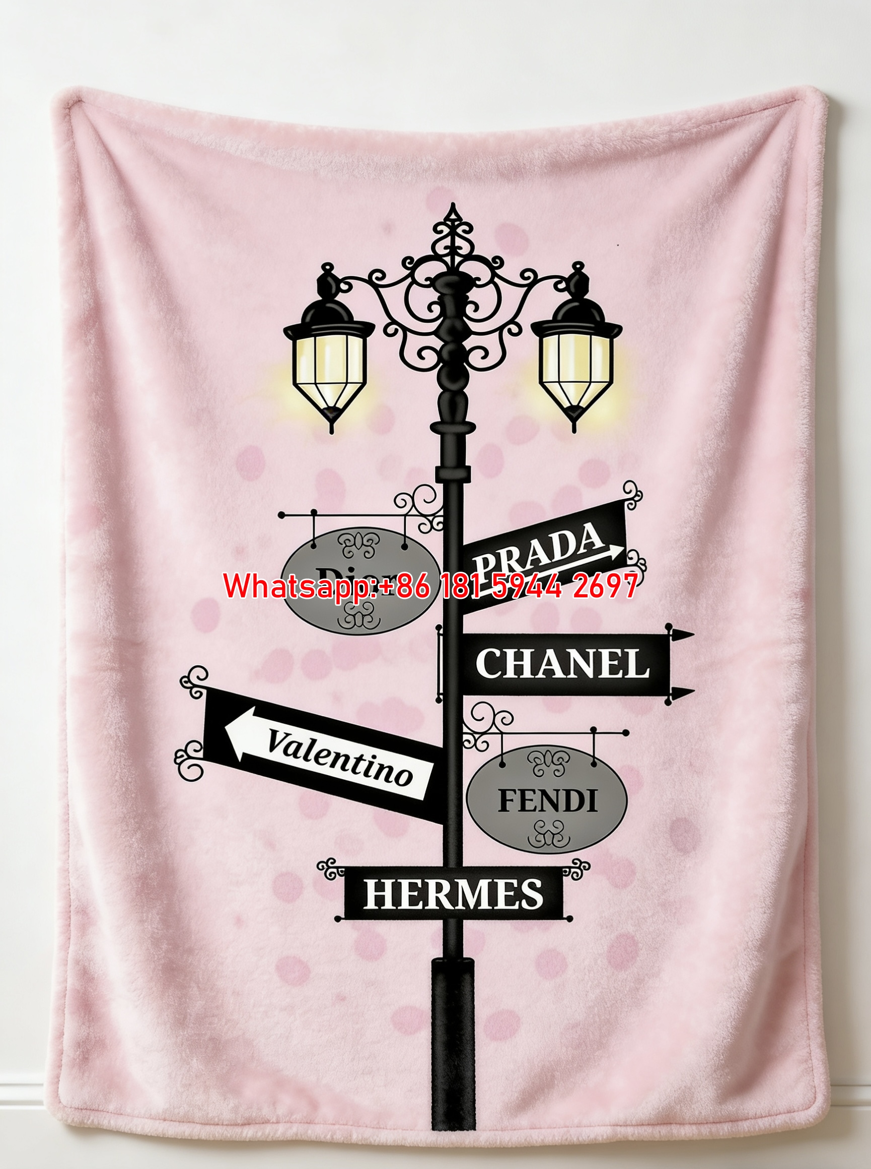 Prada Luxury Street Sign Print Light Pink Black Fleece Sofa Throw Blanket IMG_2700